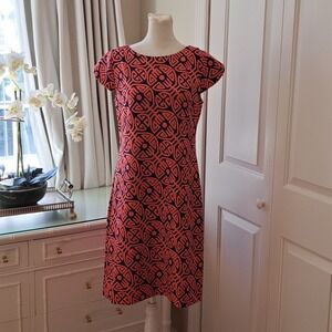 CK BRADLEY Womens Coral/Navy Print Stretch Mid Dress Cap Sleeves Zipper S-LG